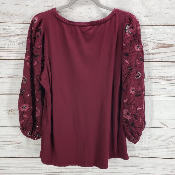 Chico's Women's Burgundy Floral Embroidery Long Sleeve Top Size 3 - Picture 11 of 12